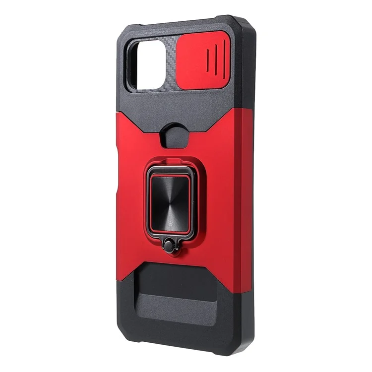 Camera Slider Ring Kickstand Design Hybrid Phone Case Shell with Card Holder for Samsung Galaxy A22 5G (EU Version) - Red