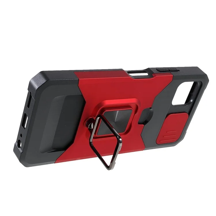 Camera Slider Ring Kickstand Design Hybrid Phone Case Shell with Card Holder for Samsung Galaxy A22 5G (EU Version) - Red