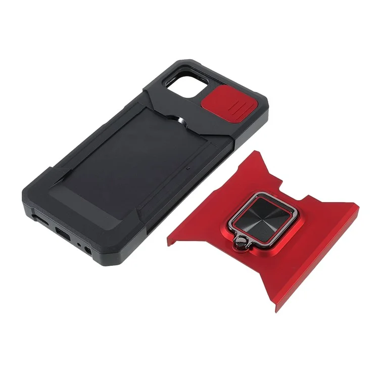 Camera Slider Ring Kickstand Design Hybrid Phone Case Shell with Card Holder for Samsung Galaxy A22 5G (EU Version) - Red