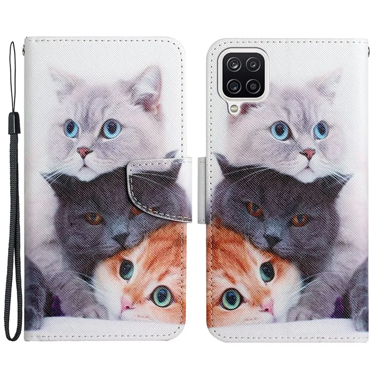 Impresión de Patrones de Textura Cruzada Case de Cobertura de Teléfono Protectora de Cuero Con Billetera de Soporte Para Samsung Galaxy A12 - Tres Gatos