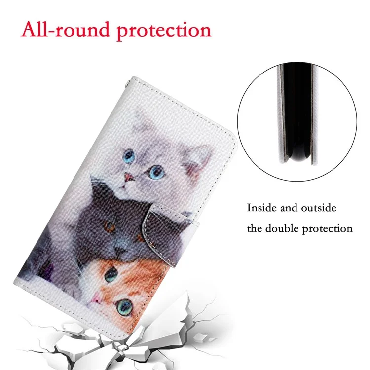 Impresión de Patrones de Textura Cruzada Case de Cobertura de Teléfono Protectora de Cuero Con Billetera de Soporte Para Samsung Galaxy A12 - Tres Gatos