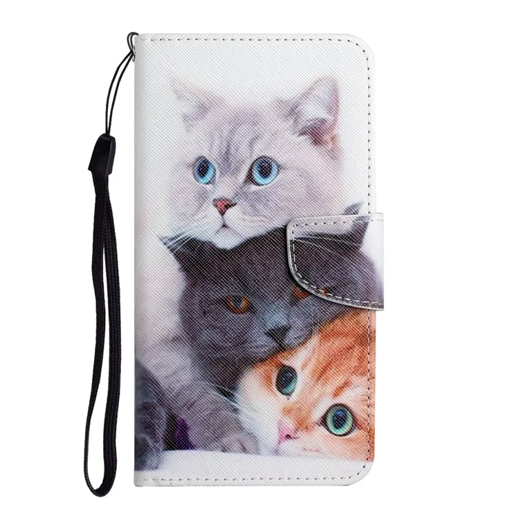 Impresión de Patrones de Textura Cruzada Case de Cobertura de Teléfono Protectora de Cuero Con Billetera de Soporte Para Samsung Galaxy A12 - Tres Gatos
