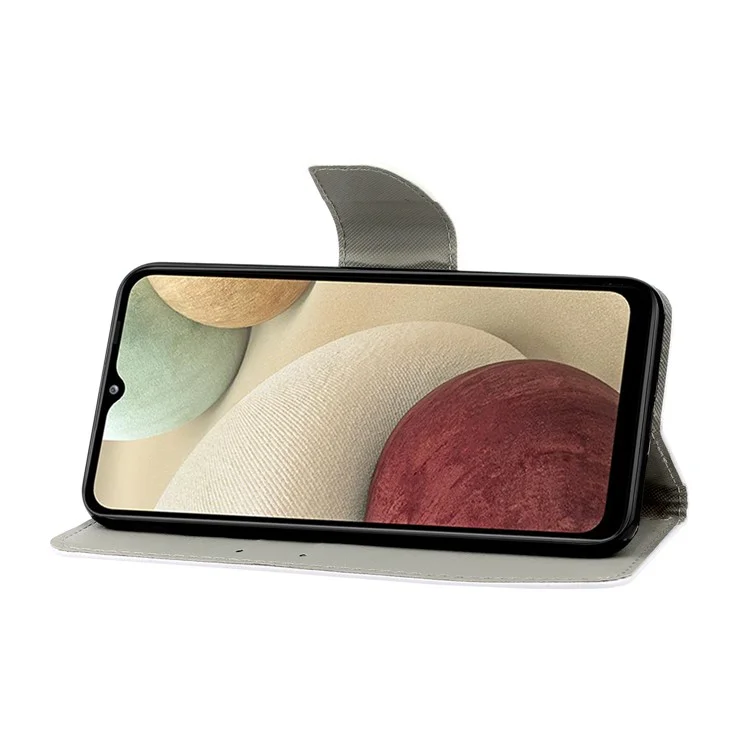 Impresión de Patrones de Textura Cruzada Case de Cobertura de Teléfono Protectora de Cuero Con Billetera de Soporte Para Samsung Galaxy A12 - Tres Gatos
