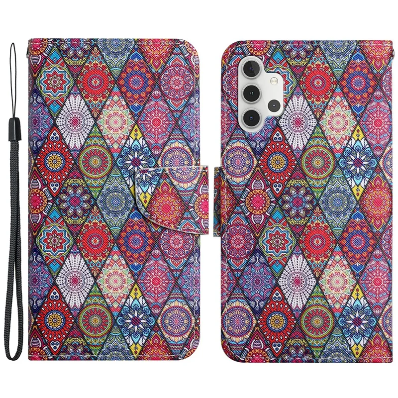 Pattern Printing All-round Protection Wallet Stand Leather Phone Case Shell with Strap for Samsung Galaxy A32 5G / M32 5G - Kaleidoscope