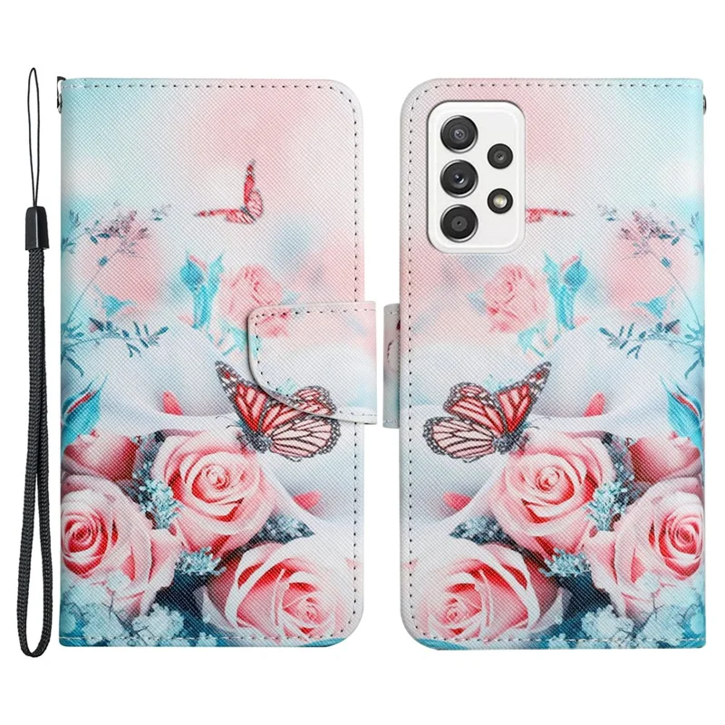 Pattern Printing Shockproof Wallet Stand Leather Phone Case Shell with Strap for Samsung Galaxy A52 4G/5G/A52s 5G - Peony and Butterfly