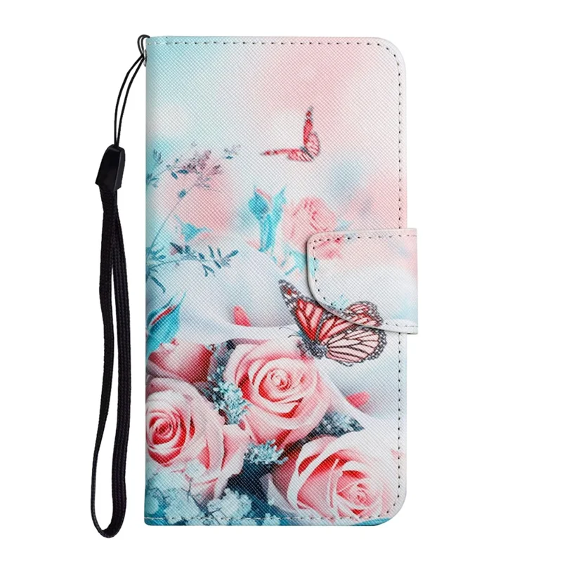Pattern Printing Shockproof Wallet Stand Leather Phone Case Shell with Strap for Samsung Galaxy A52 4G/5G/A52s 5G - Peony and Butterfly