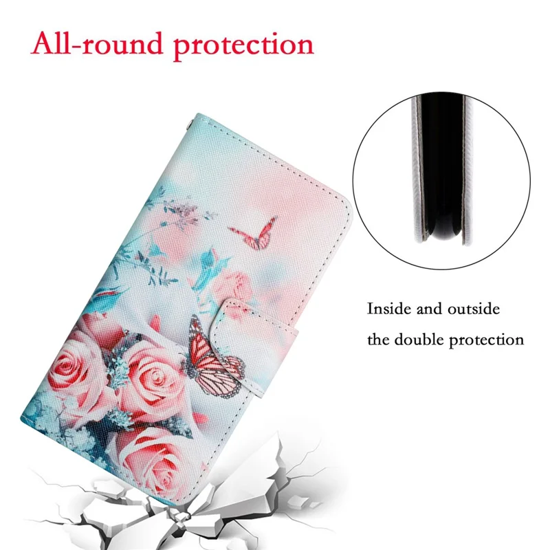Pattern Printing Shockproof Wallet Stand Leather Phone Case Shell with Strap for Samsung Galaxy A52 4G/5G/A52s 5G - Peony and Butterfly