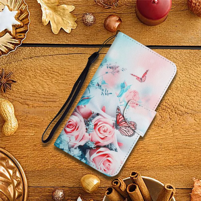 Pattern Printing Shockproof Wallet Stand Leather Phone Case Shell with Strap for Samsung Galaxy A52 4G/5G/A52s 5G - Peony and Butterfly