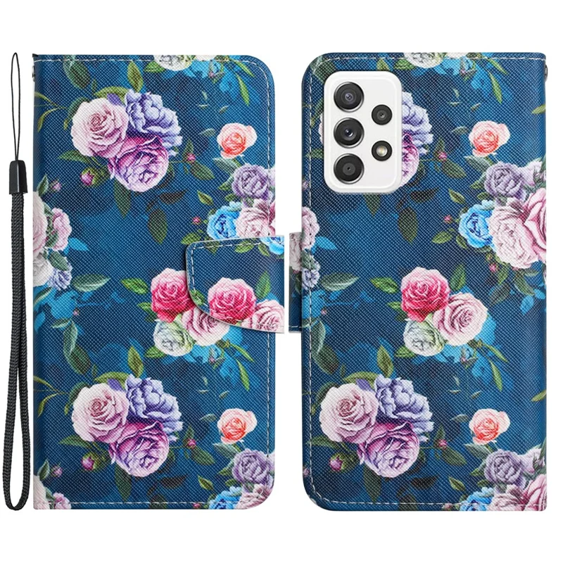 Pattern Printing Shockproof Wallet Stand Leather Phone Case Shell with Strap for Samsung Galaxy A52 4G/5G/A52s 5G - Fluorescent Rose