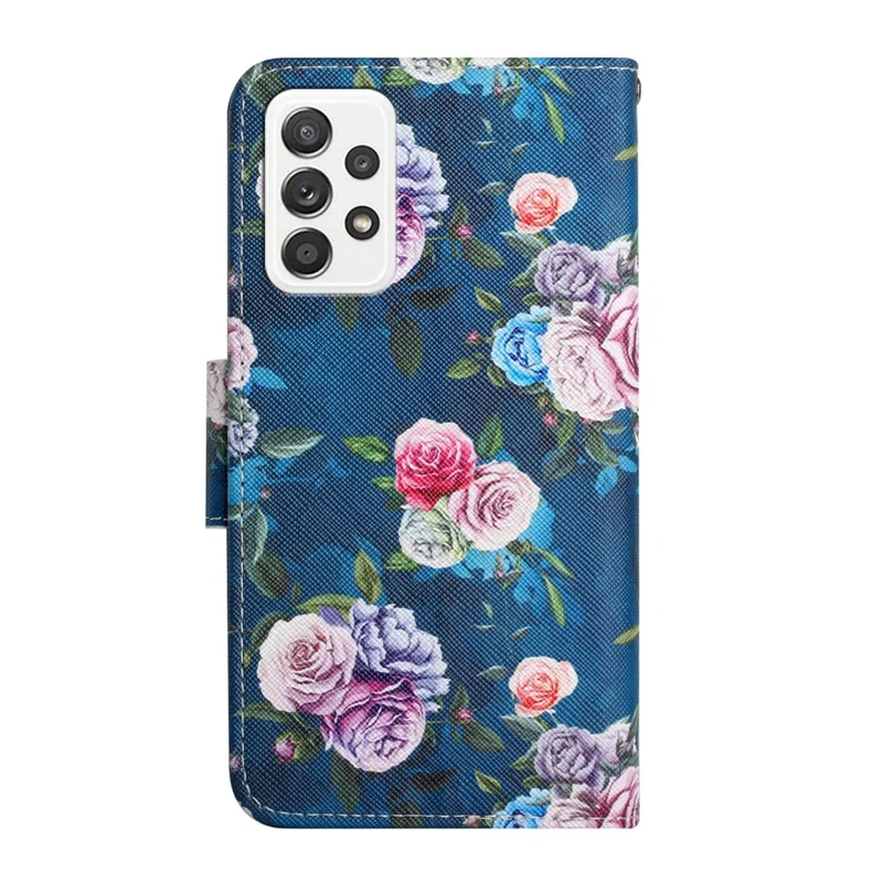 Pattern Printing Shockproof Wallet Stand Leather Phone Case Shell with Strap for Samsung Galaxy A52 4G/5G/A52s 5G - Fluorescent Rose