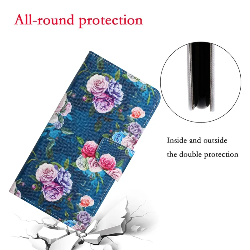 Pattern Printing Shockproof Wallet Stand Leather Phone Case Shell with Strap for Samsung Galaxy A52 4G/5G/A52s 5G - Fluorescent Rose