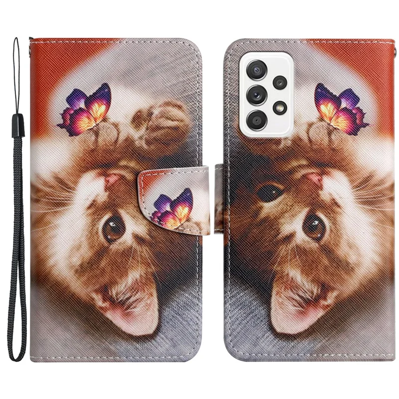 Pattern Printing Shockproof Wallet Stand Leather Phone Case Shell with Strap for Samsung Galaxy A52 4G/5G/A52s 5G - Butterfly and Cat