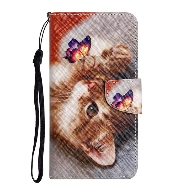 Pattern Printing Shockproof Wallet Stand Leather Phone Case Shell with Strap for Samsung Galaxy A52 4G/5G/A52s 5G - Butterfly and Cat