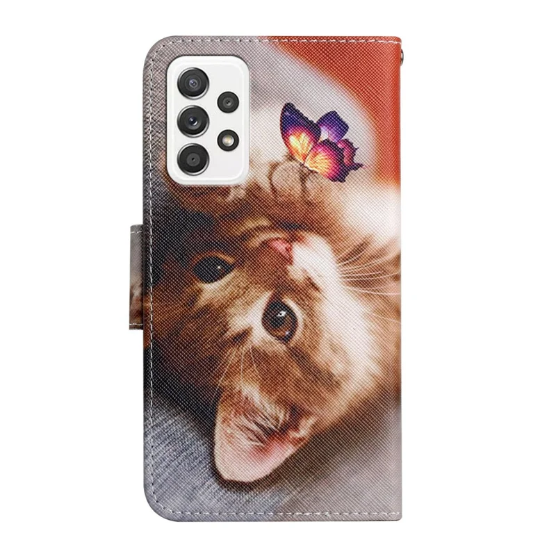 Pattern Printing Shockproof Wallet Stand Leather Phone Case Shell with Strap for Samsung Galaxy A52 4G/5G/A52s 5G - Butterfly and Cat