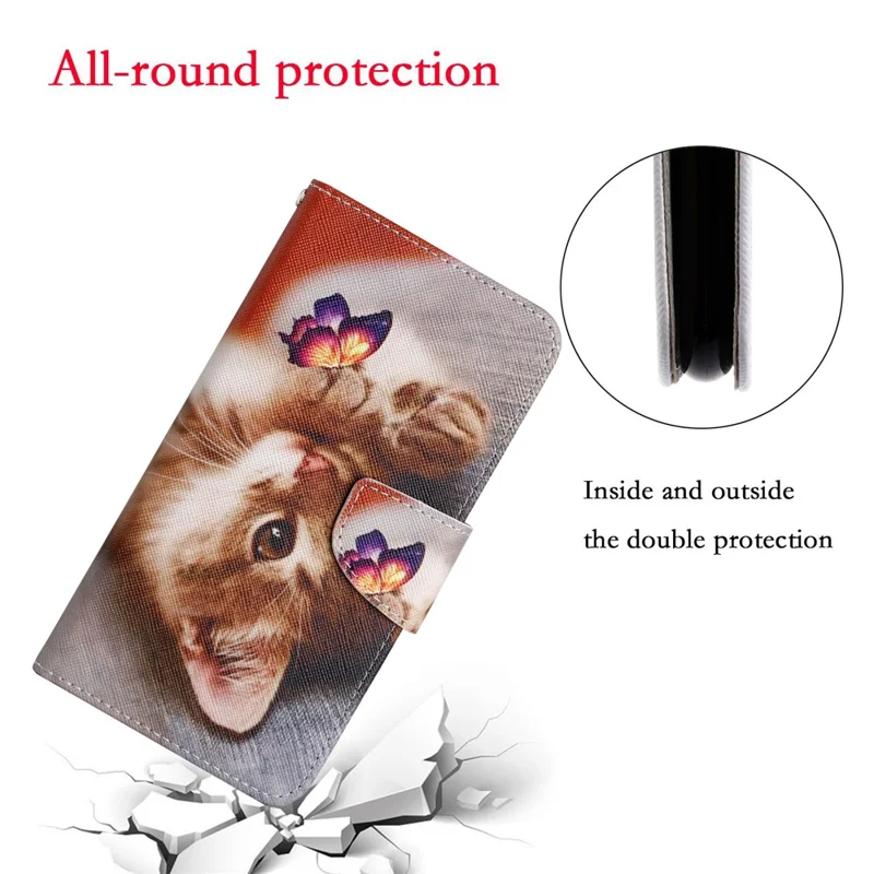 Pattern Printing Shockproof Wallet Stand Leather Phone Case Shell with Strap for Samsung Galaxy A52 4G/5G/A52s 5G - Butterfly and Cat