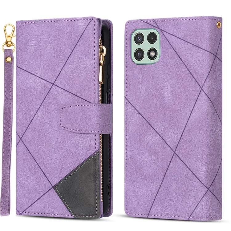 Scratch Resistant Splicing Design Leather Phone Case Wallet Stand Protective Cover for Samsung Galaxy A22 5G (EU Version) - Purple