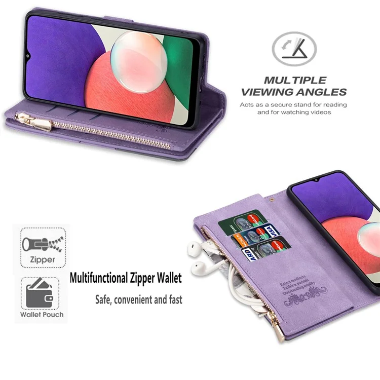 Scratch Resistant Splicing Design Leather Phone Case Wallet Stand Protective Cover for Samsung Galaxy A22 5G (EU Version) - Purple