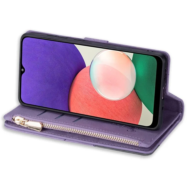 Scratch Resistant Splicing Design Leather Phone Case Wallet Stand Protective Cover for Samsung Galaxy A22 5G (EU Version) - Purple