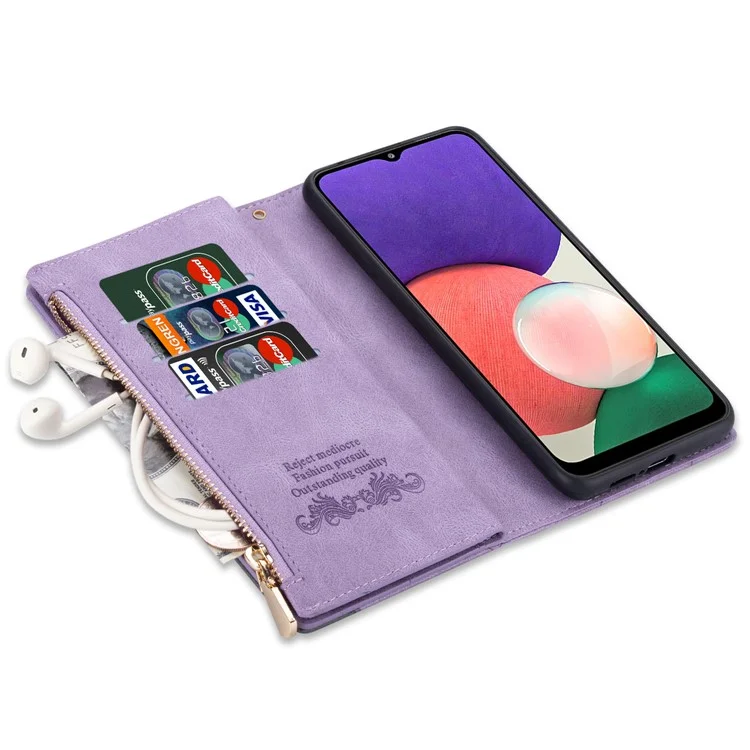 Scratch Resistant Splicing Design Leather Phone Case Wallet Stand Protective Cover for Samsung Galaxy A22 5G (EU Version) - Purple