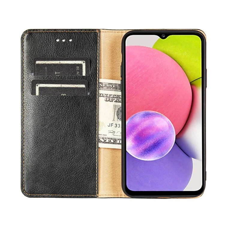Solid Color Magnetic Auto Closure PU Leather Stand Wallet Protective Phone Shell Cover for Samsung Galaxy A03s (164.2 x 75.9 x 9.1mm) - Black