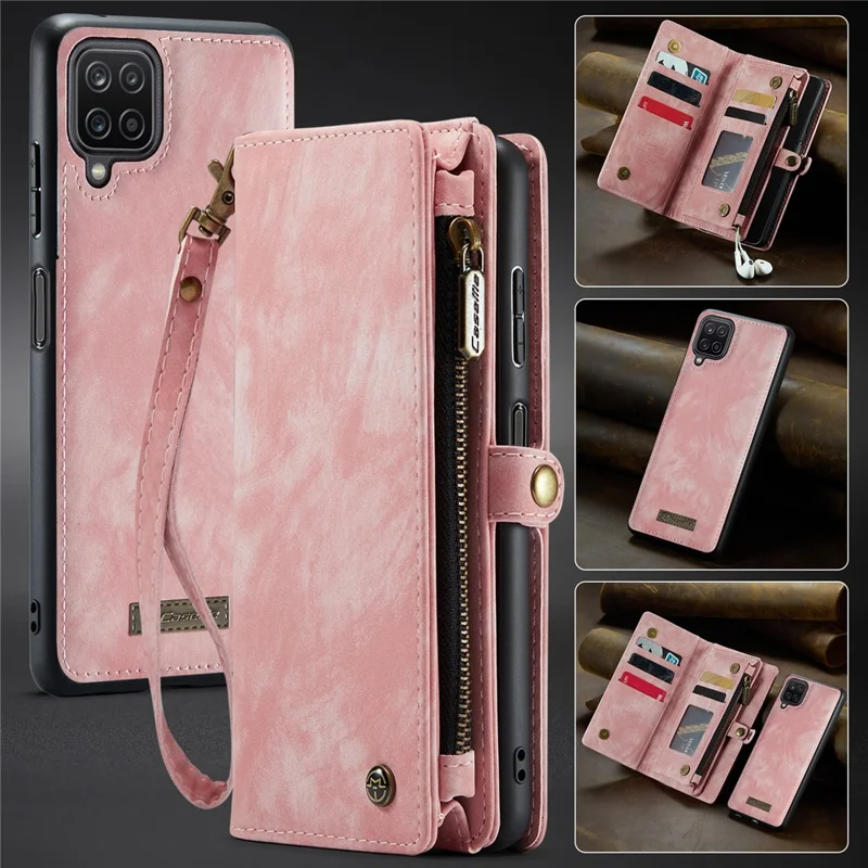 CASEME 008 Series For Samsung Galaxy A12 Detachable 2-in-1 Multi-Function TPU + PU Leather Phone Wallet Stand Shell - Pink