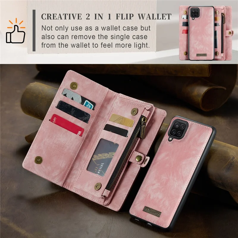 CASEME 008 Series For Samsung Galaxy A12 Detachable 2-in-1 Multi-Function TPU + PU Leather Phone Wallet Stand Shell - Pink
