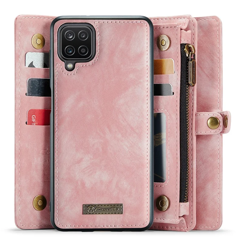 CASEME 008 Series For Samsung Galaxy A12 Detachable 2-in-1 Multi-Function TPU + PU Leather Phone Wallet Stand Shell - Pink