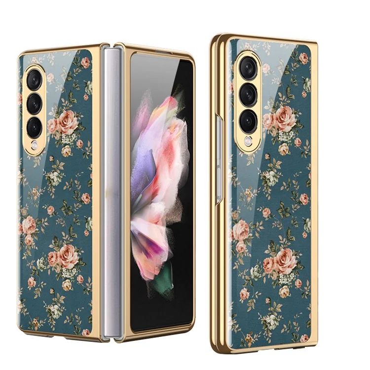 GKK Floral Pattern Printing Tempered Glass + Hard PC Electroplate Edge IMD Protective Back Cover for Samsung Galaxy Z Fold3 5G - Floral 04
