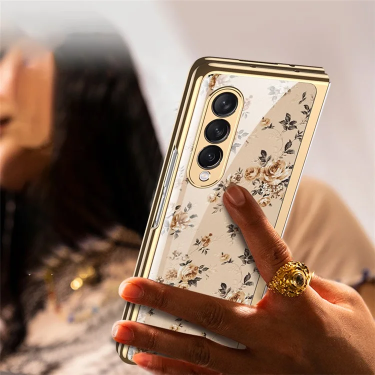GKK Floral Pattern Printing Tempered Glass + Hard PC Electroplate Edge IMD Protective Back Cover for Samsung Galaxy Z Fold3 5G - Floral 04
