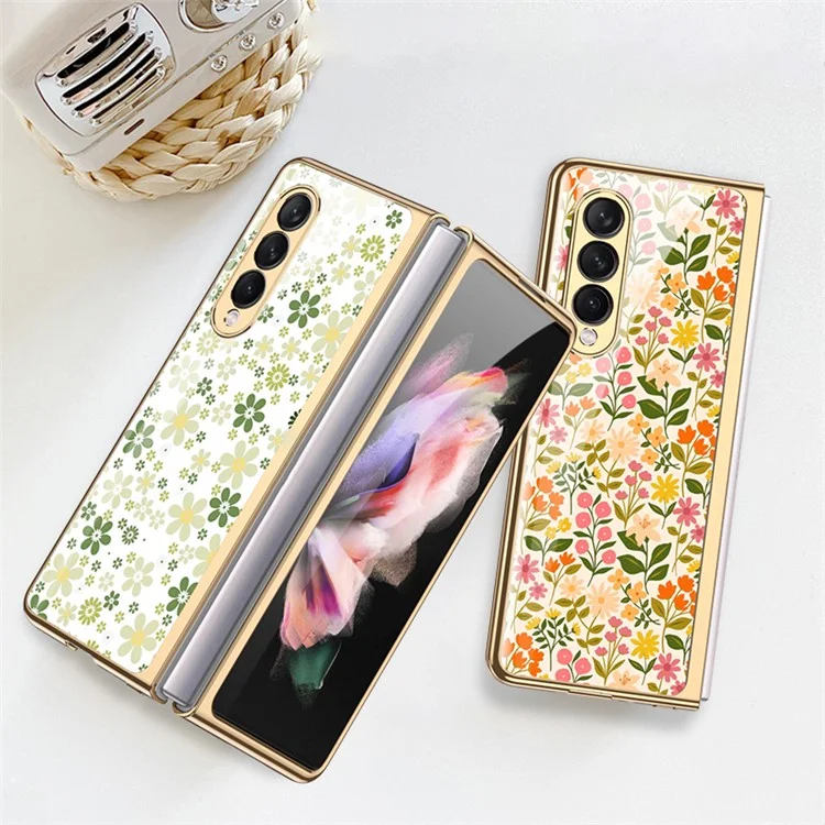 GKK Floral Pattern Printing Tempered Glass + Hard PC Electroplate Edge IMD Protective Back Cover for Samsung Galaxy Z Fold3 5G - Floral 04