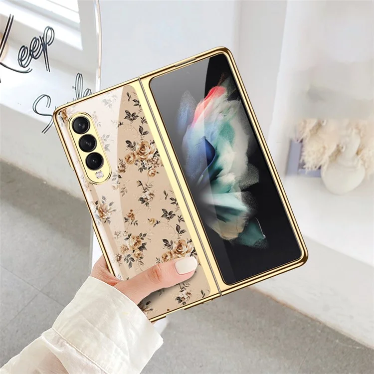 GKK Floral Pattern Printing Tempered Glass + Hard PC Electroplate Edge IMD Protective Back Cover for Samsung Galaxy Z Fold3 5G - Floral 04