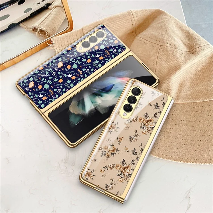 GKK Floral Pattern Printing Tempered Glass + Hard PC Electroplate Edge IMD Protective Back Cover for Samsung Galaxy Z Fold3 5G - Floral 04