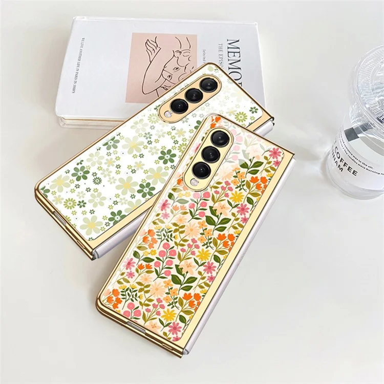 GKK Floral Pattern Printing Tempered Glass + Hard PC Electroplate Edge IMD Protective Back Cover for Samsung Galaxy Z Fold3 5G - Floral 04