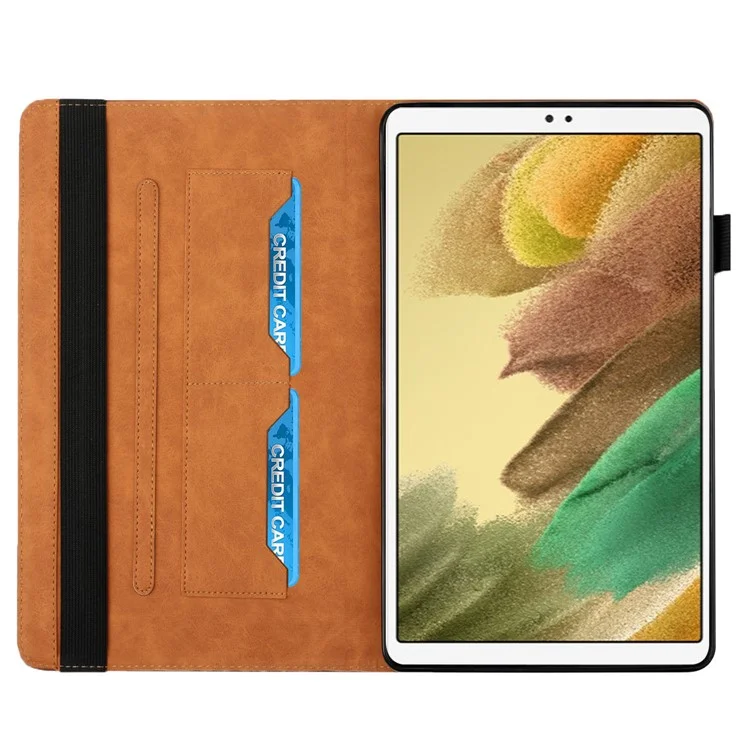 Diseño de Ranuras Para Tarjetas Capa de Cubierta Protectora de Cuero PU de Cuero de Piel Completa Con Impresión de Rombo y Correa Contra el Deslizamiento Para Samsung Galaxy Tab A7 Lite 8.7 Pulgadas T220/T225 - Marrón