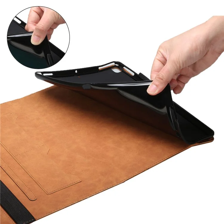 Card Slots Design Full Protective Skin-Touch PU Leather Tablet Protective Cover Case with Rhombus Imprinting and Anti-Slip Strap for Samsung Galaxy Tab A7 Lite 8.7-inch T220/T225 - Brown