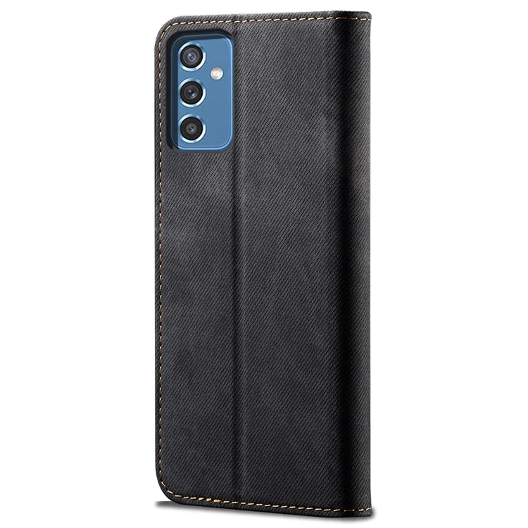 Scratch Resistant Flip Phone Cover Jeans Cloth Texture Leather Wallet Stand Case for Samsung Galaxy M52 5G - Black