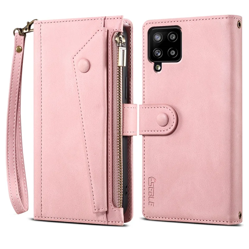 Wallet Phone Cover Protective Zippered Pocket with Strap Card Slots Multifunctional Case Phone Case with Stand for Samsung Galaxy A42 5G - Pink