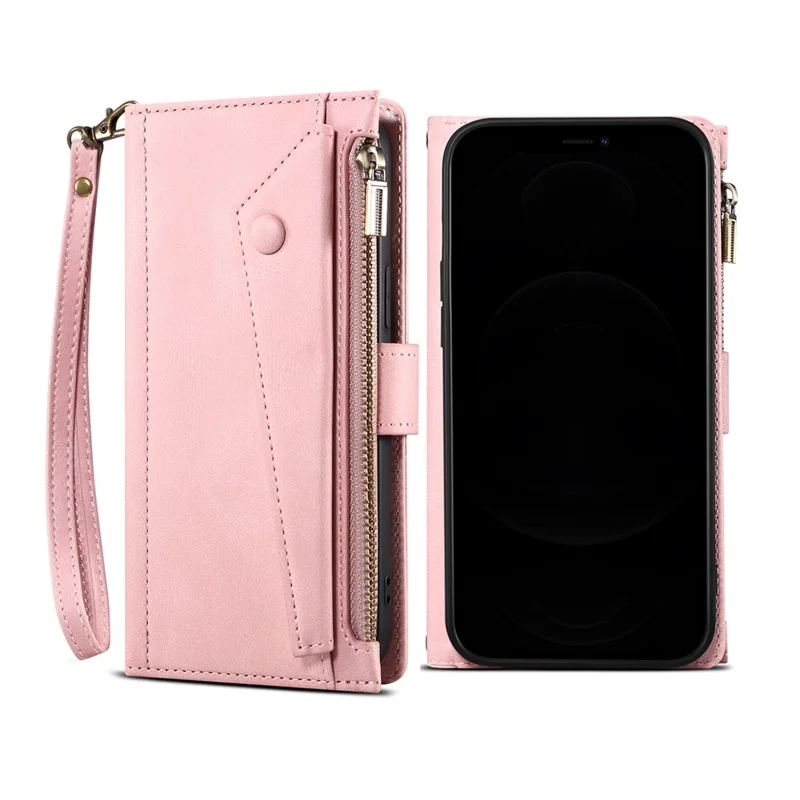 Wallet Phone Cover Protective Zippered Pocket with Strap Card Slots Multifunctional Case Phone Case with Stand for Samsung Galaxy A42 5G - Pink
