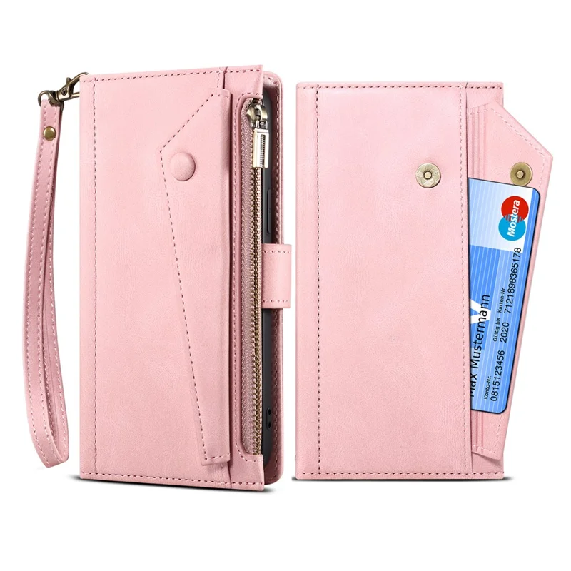 Wallet Phone Cover Protective Zippered Pocket with Strap Card Slots Multifunctional Case Phone Case with Stand for Samsung Galaxy A42 5G - Pink