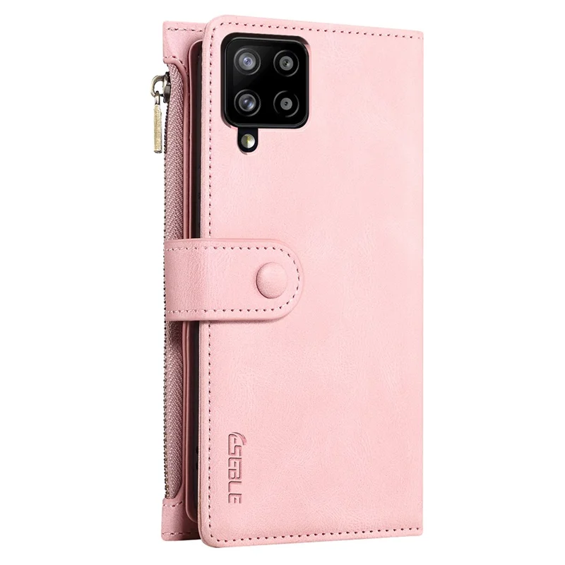 Wallet Phone Cover Protective Zippered Pocket with Strap Card Slots Multifunctional Case Phone Case with Stand for Samsung Galaxy A42 5G - Pink