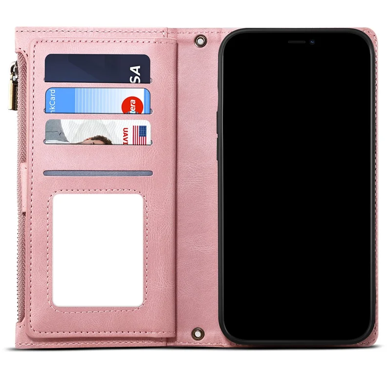 Wallet Phone Cover Protective Zippered Pocket with Strap Card Slots Multifunctional Case Phone Case with Stand for Samsung Galaxy A42 5G - Pink