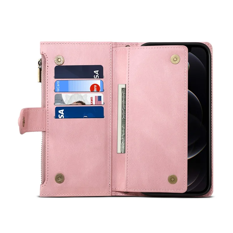 Wallet Phone Cover Protective Zippered Pocket with Strap Card Slots Multifunctional Case Phone Case with Stand for Samsung Galaxy A42 5G - Pink
