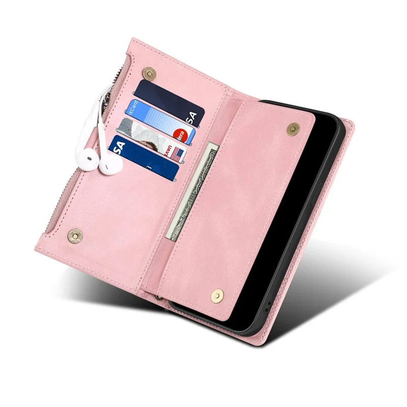 Wallet Phone Cover Protective Zippered Pocket with Strap Card Slots Multifunctional Case Phone Case with Stand for Samsung Galaxy A42 5G - Pink
