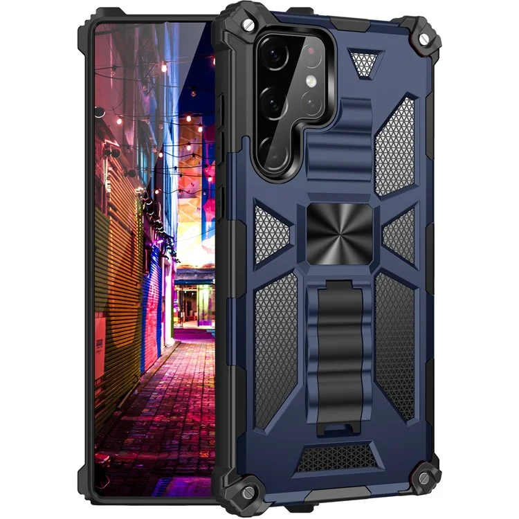 Étui de protection hybride en PC dur et TPU souple, résistant aux rayures et aux chocs, avec support intégré, pour Samsung Galaxy S22 Ultra - Bleu