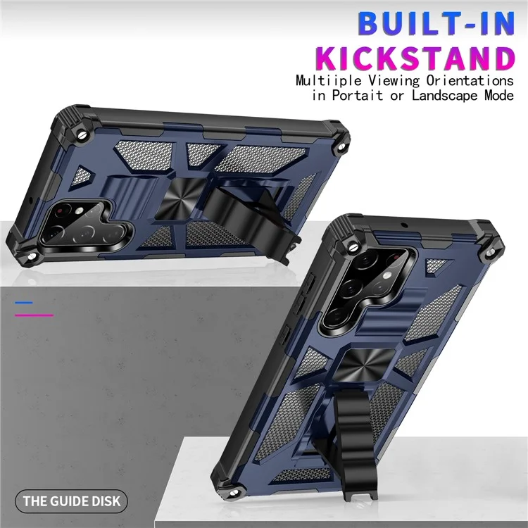 Military Grade Anti-Drop Scratch-Resistant Built-in Kickstand Hybrid Hard PC Soft TPU Phone Case for Samsung Galaxy S22 Ultra - Blue