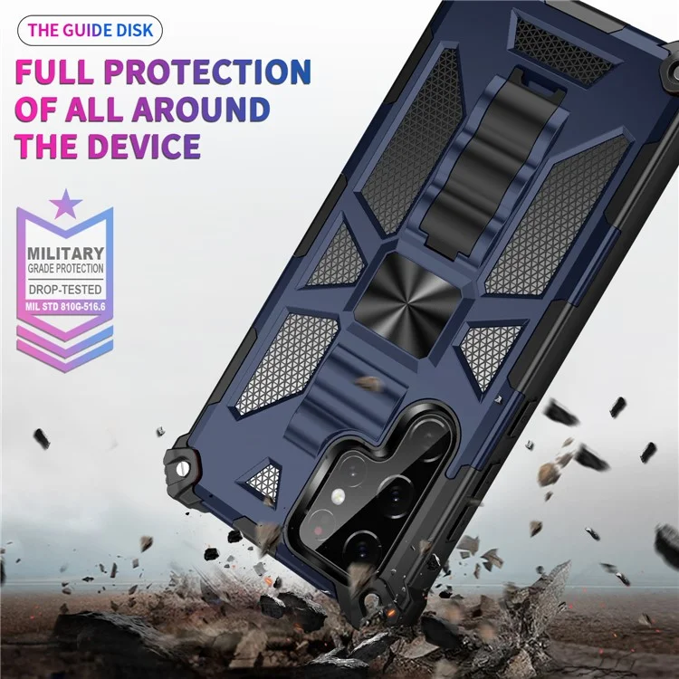 Military Grade Anti-Drop Scratch-Resistant Built-in Kickstand Hybrid Hard PC Soft TPU Phone Case for Samsung Galaxy S22 Ultra - Blue