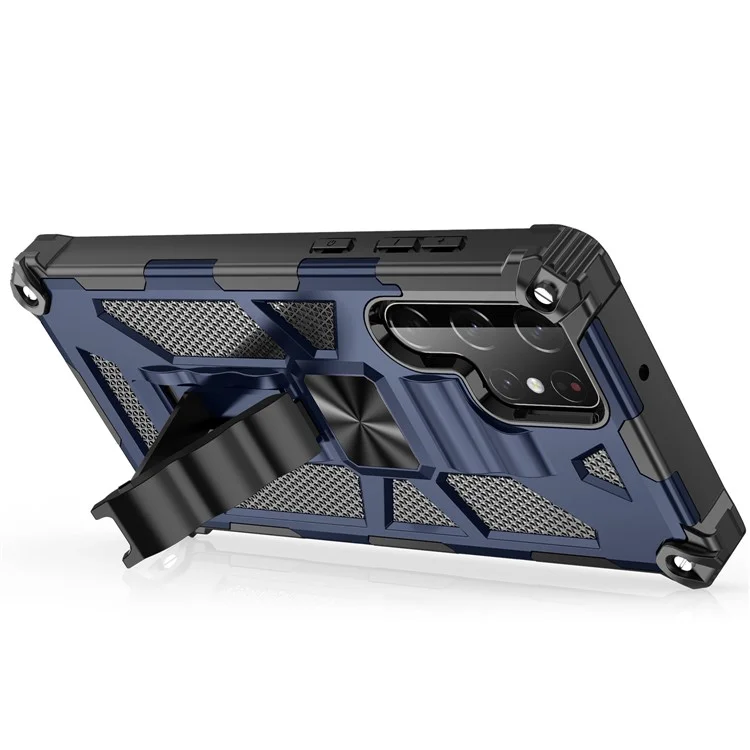 Étui de protection hybride en PC dur et TPU souple, résistant aux rayures et aux chocs, avec support intégré, pour Samsung Galaxy S22 Ultra - Bleu