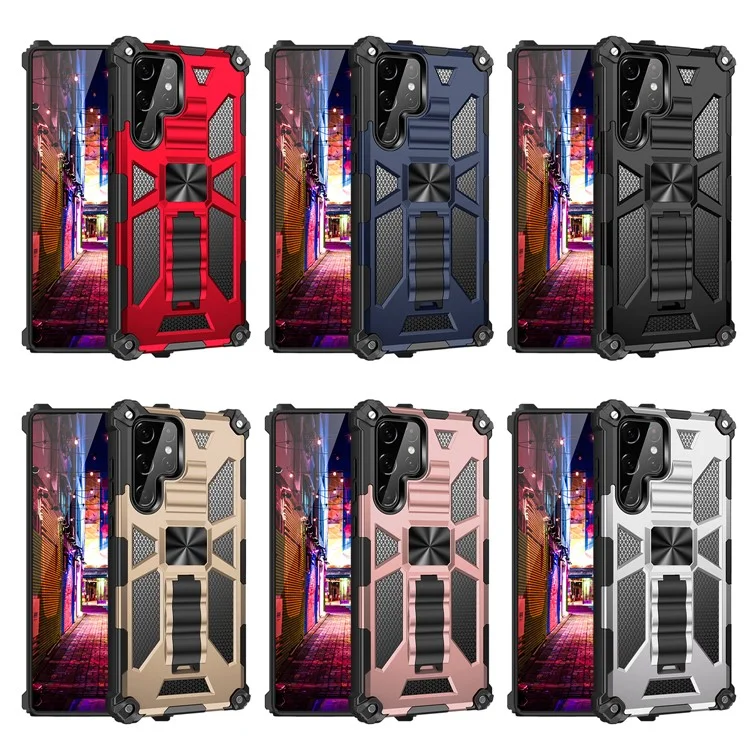 Étui de protection hybride en PC dur et TPU souple, résistant aux rayures et aux chocs, avec support intégré, pour Samsung Galaxy S22 Ultra - Bleu