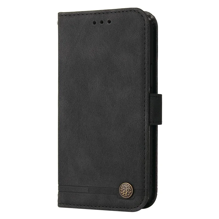 Tree Pattern Metal Button Decor Wallet Stand Flip Cover PU Leather Phone Case with Wrist Strap for Samsung Galaxy A03s (166.5 x 75.98 x 9.14mm) - Black