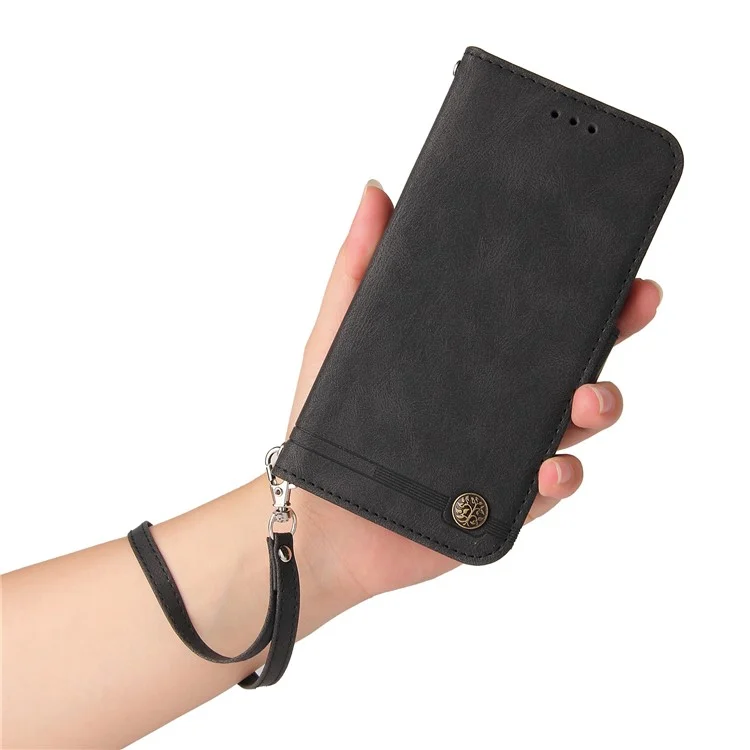 Tree Pattern Metal Button Decor Wallet Stand Flip Cover PU Leather Phone Case with Wrist Strap for Samsung Galaxy A03s (166.5 x 75.98 x 9.14mm) - Black